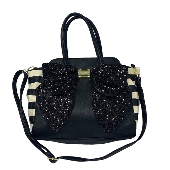 Betsy Johnson Purse Black Sequin Bow |Detachable Crossbody Strap / Handbag| - Picture 2 of 11